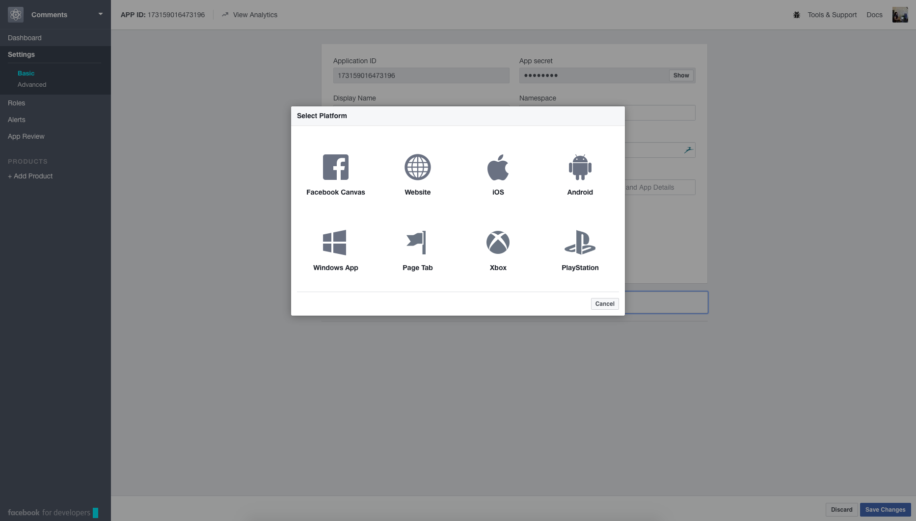 Facebook Developer Tools Interface