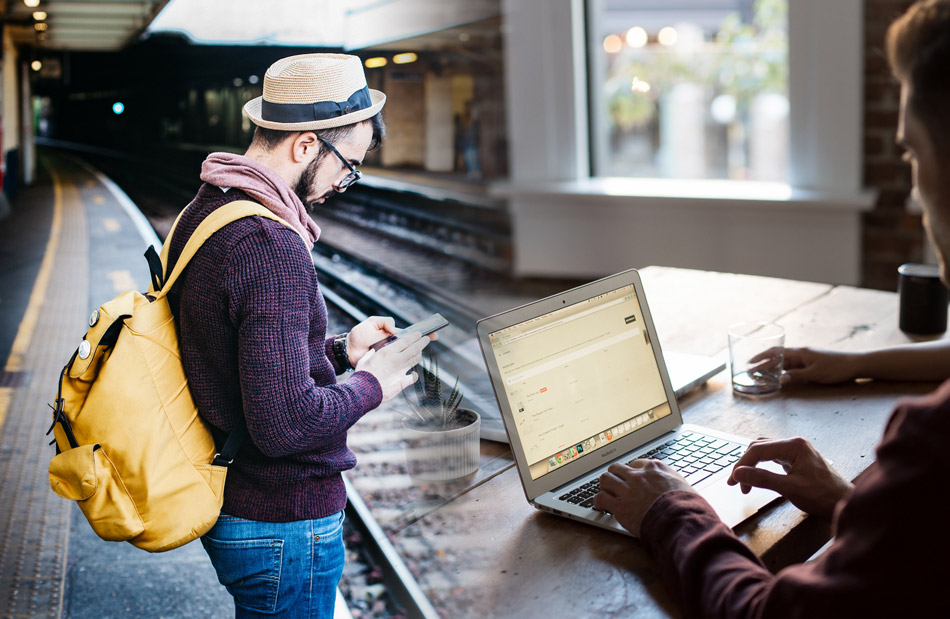 aperson on a station using Mobile v's a person in an office using a Desktop