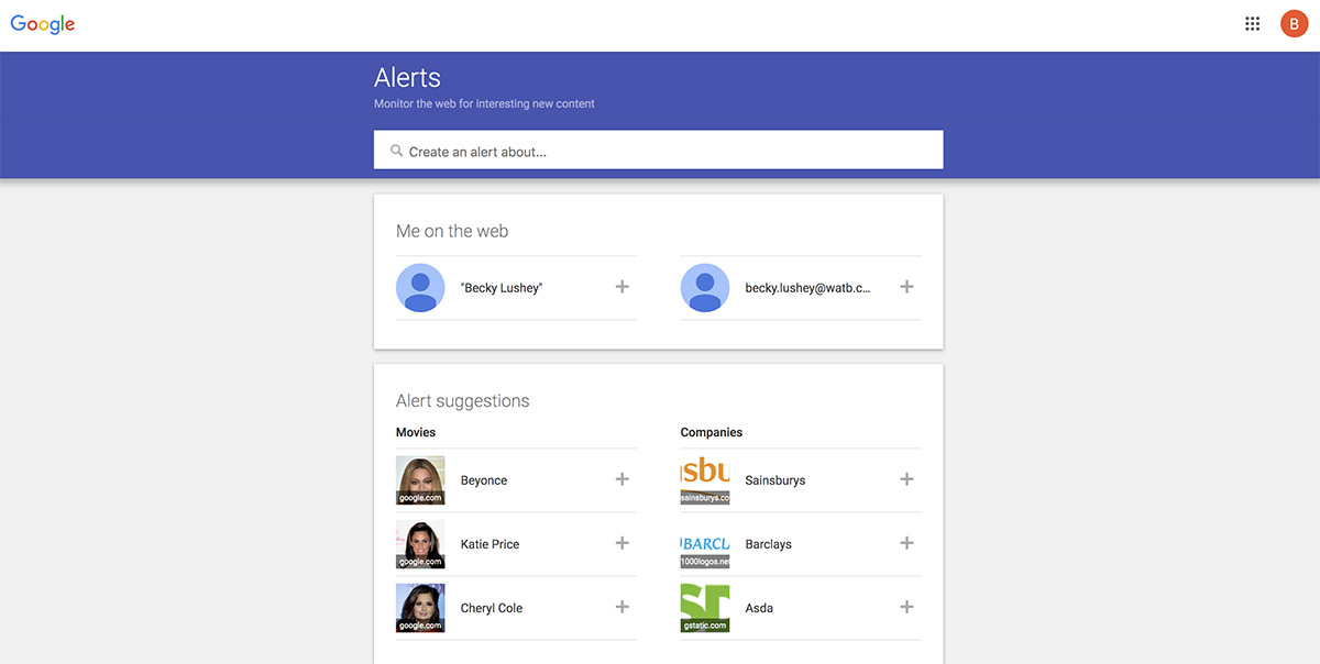 Screenshot of Google Alerts