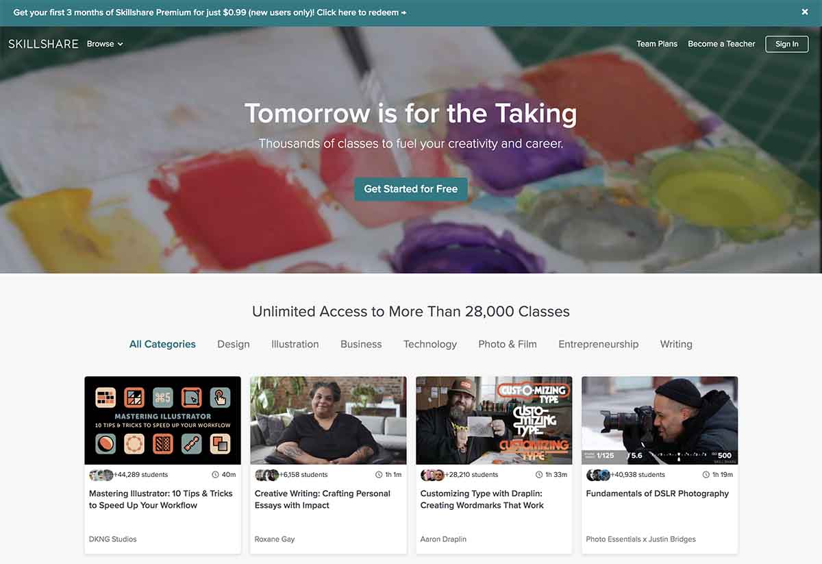 Screenshot of Skillshare's homepage