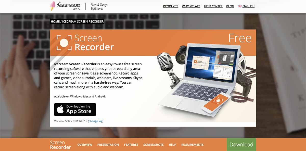 Screenshot of Icecream's homepage