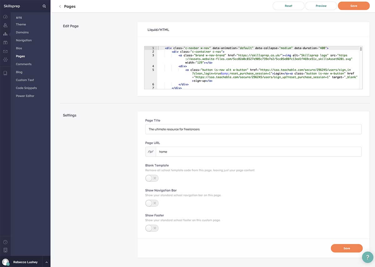 Screenshot of Liquid/HTML block in Teachable