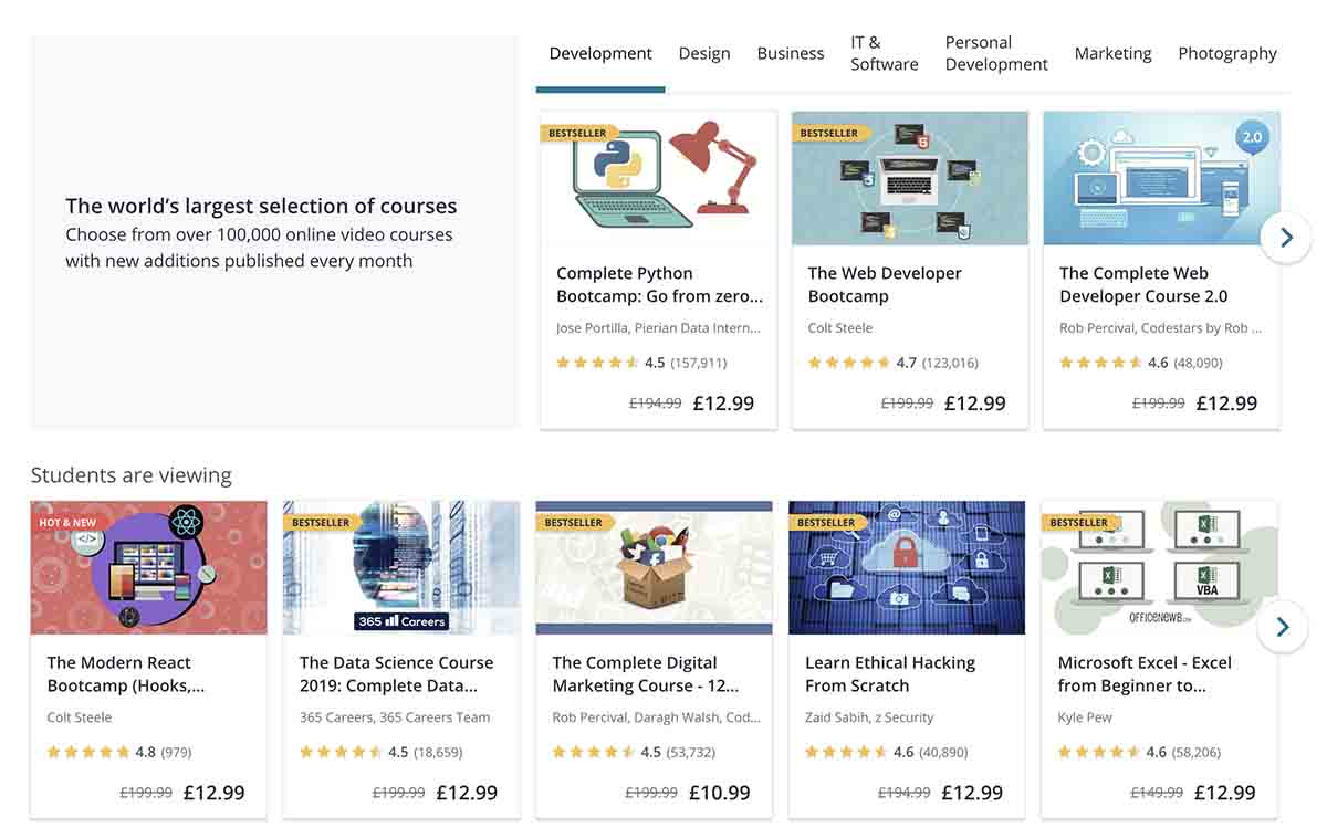 Screenshot of Udemy courses