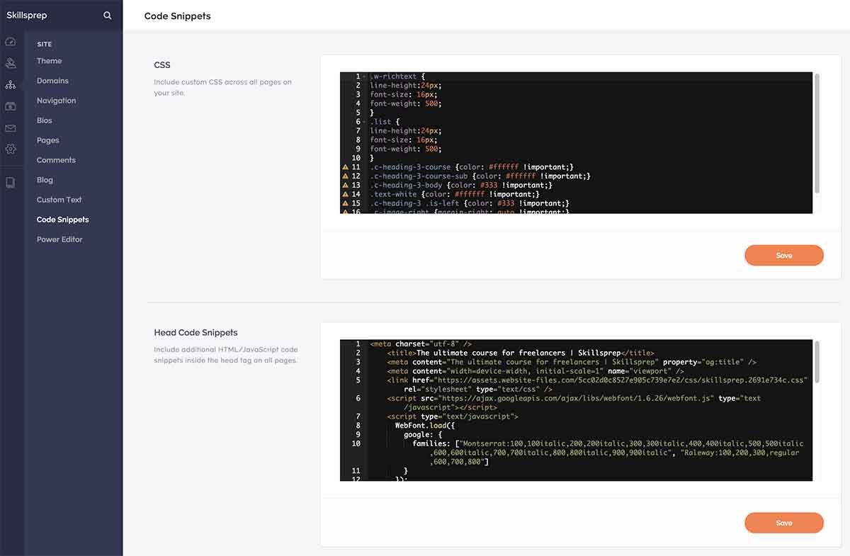 Screenshot of the Head Code Snippets box on Teachable
