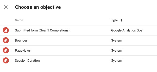 Google Optimize Objectives Goals