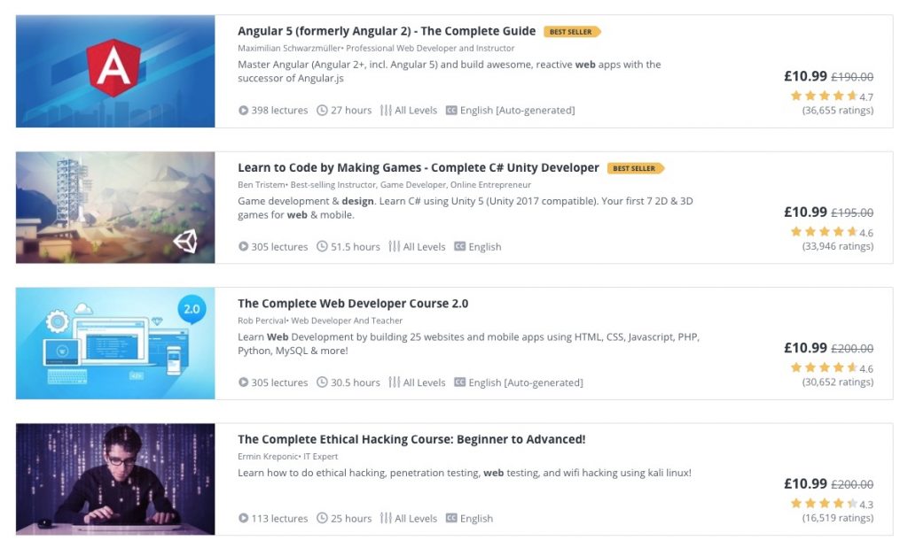 screenshot of udemy web design courses