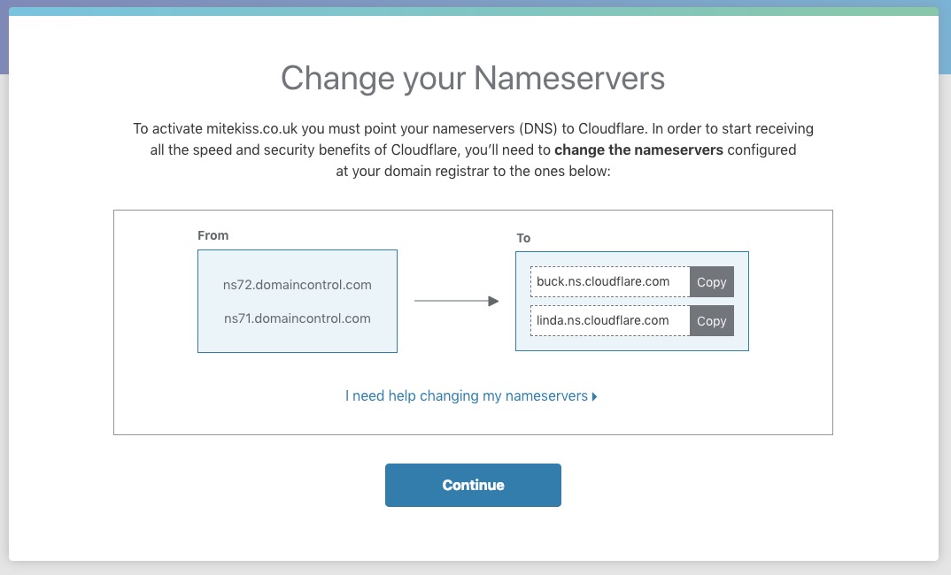screenshot of cloudfare website nameservers page