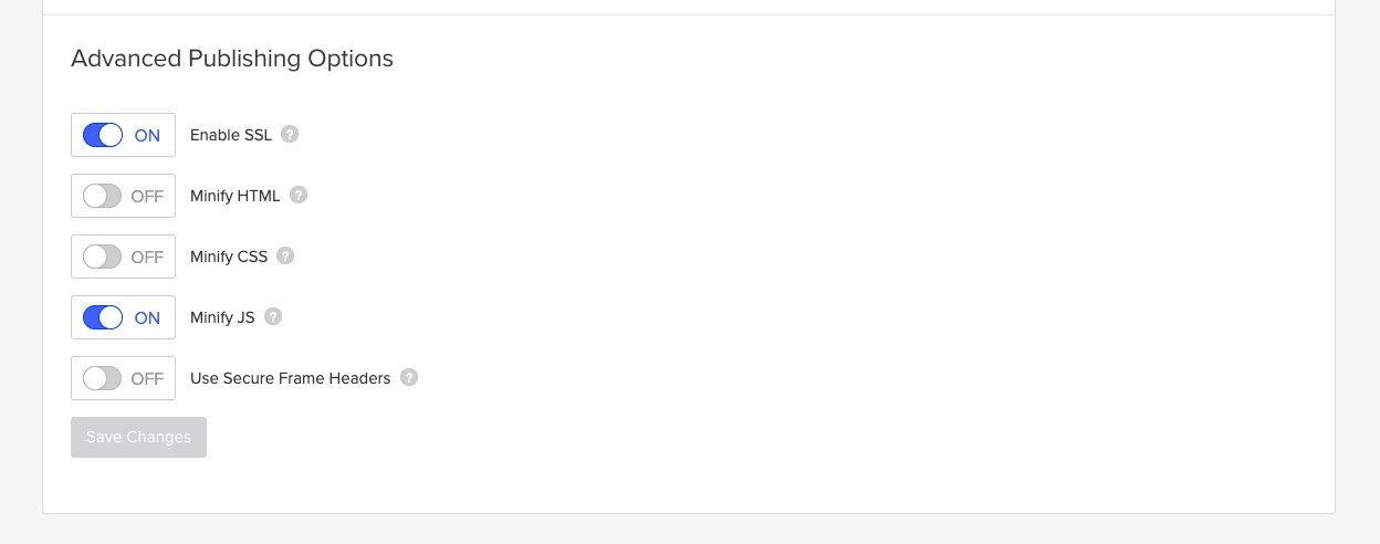 Screenshot of Webflow's Minify settings