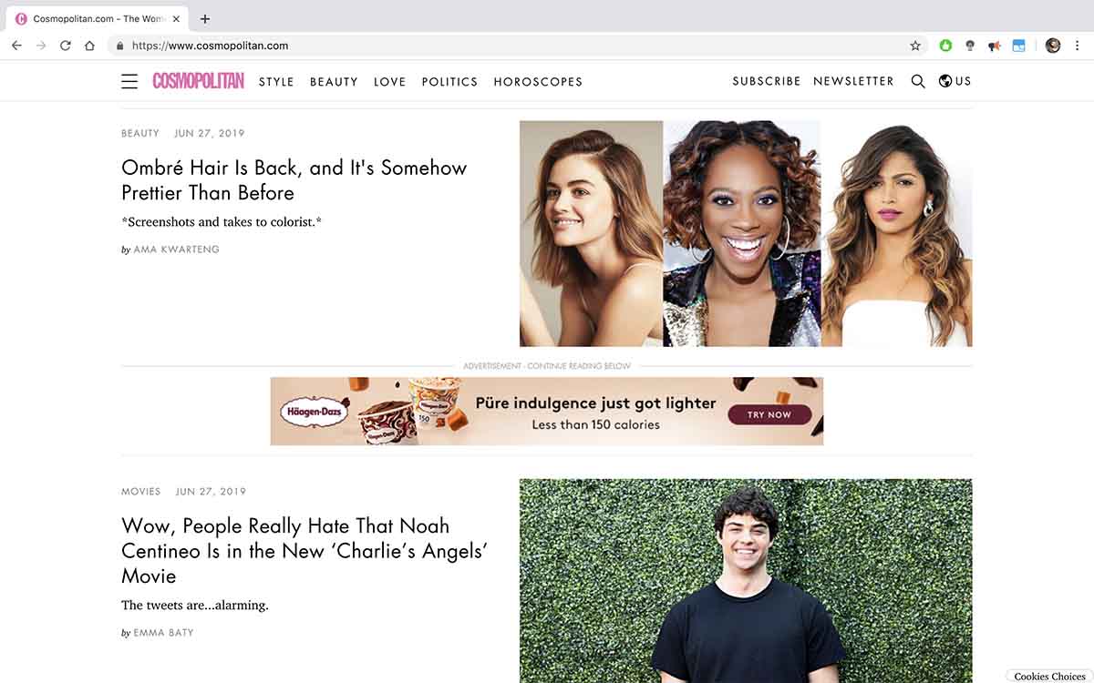 Screenshot of an ad on Cosmopolitan in between content