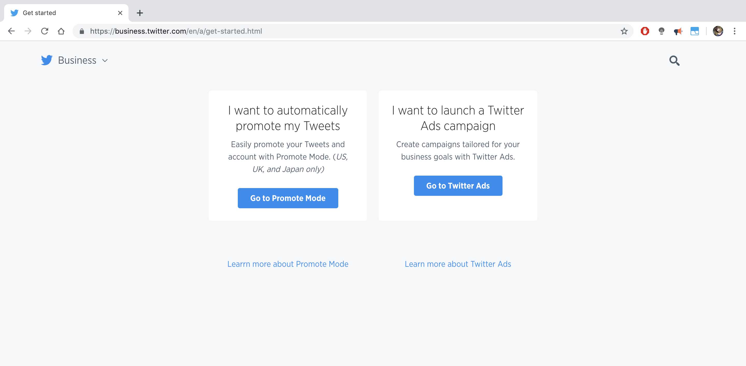 Screenshot of Twitter Ads homepage